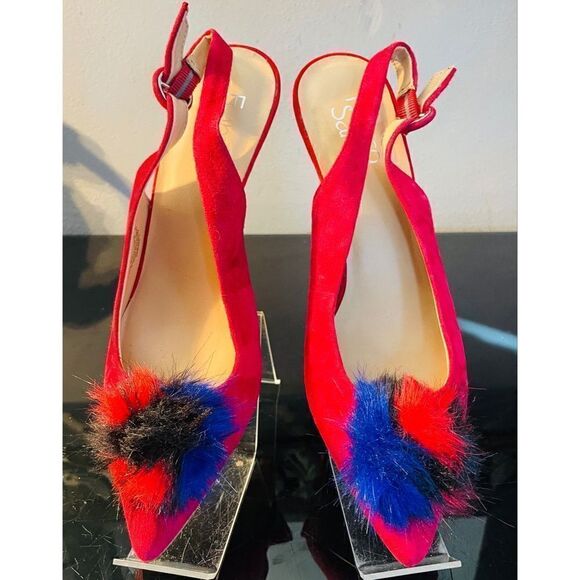 Franco Sarto Suede Slingback Heels Size 8.5 M NWT 3" Heel Red With Faux Fur Poof - Picture 1 of 11